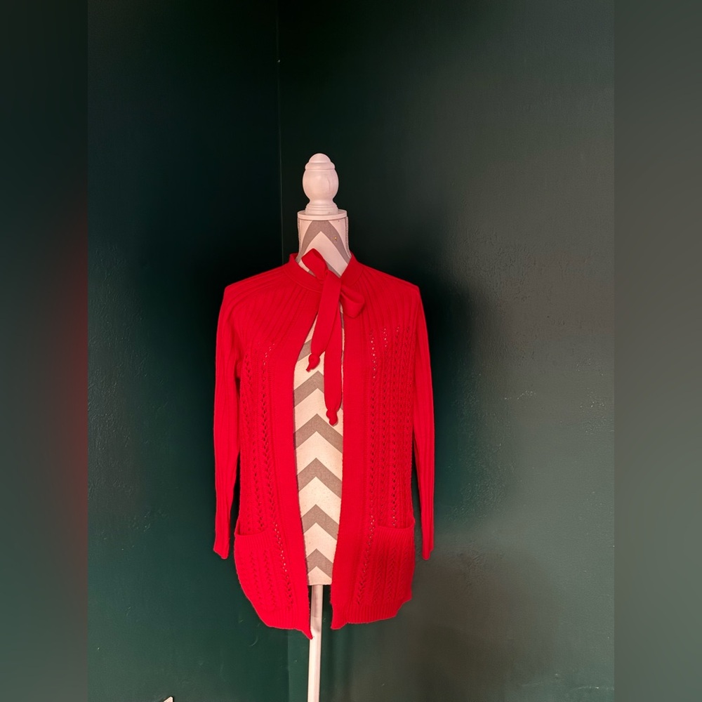 Vintage Bright Red Women's Sweater with Tie Neck